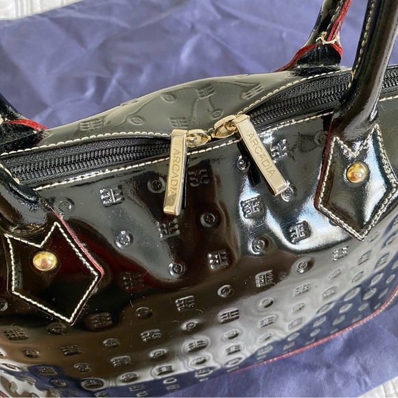 Arcadia Genuine Patent Leather Made in Italy Logo Satchel Bag Black with Red - Picture 2 of 11